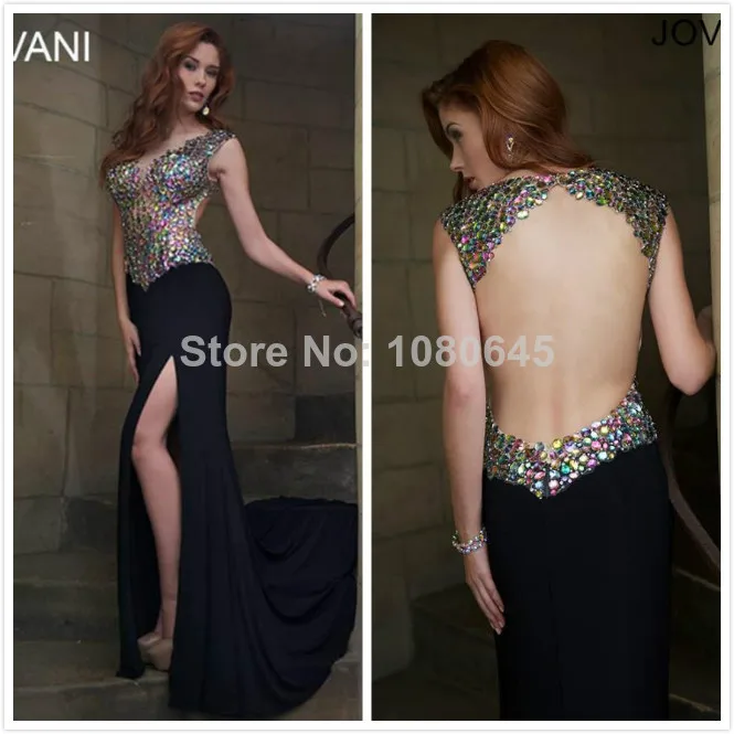2014 Vestidos Sexy Navy Blue Crystal Backless Cap Sleeve Mermaid Prom Evening Gowns Dress For Pageant Women Slit Chiffon A2909 | Свадьбы и