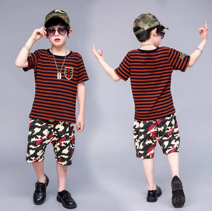 Детский Камуфляжный комплект одежды для мальчиков 3 4 6 7 8 9 10 12 лет в полоску лето