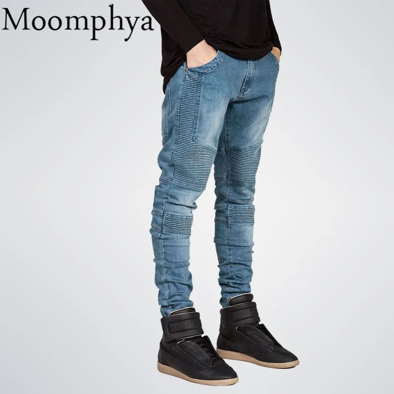 Moomphya/мужские узкие джинсы мужчин взлетно посадочной полосы Проблемные Тонкий
