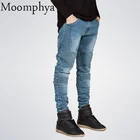 Moomphyaмужские узкие джинсы мужчин взлетно-посадочной полосы Проблемные Тонкий эластичные джинсы Denim байкерские джинсы в стиле хип-хоп брюки промывают плиссированные джинсы Blue