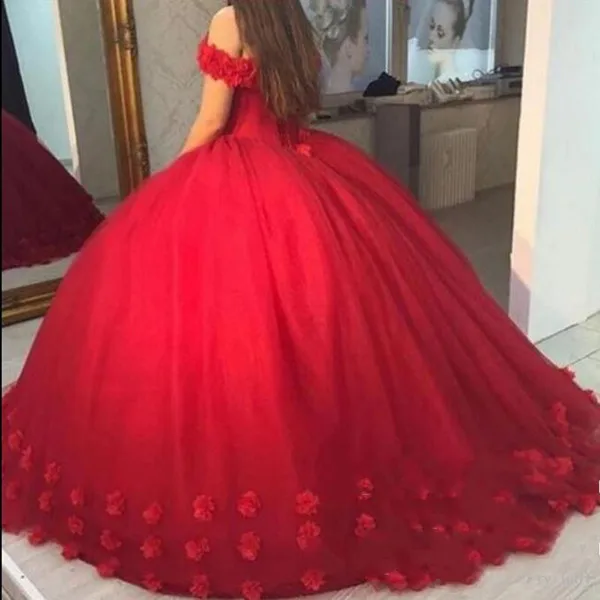 Красное бальное платье Quinceanera 2021 Пышное Платье с 3D цветами милое Тюлевое для
