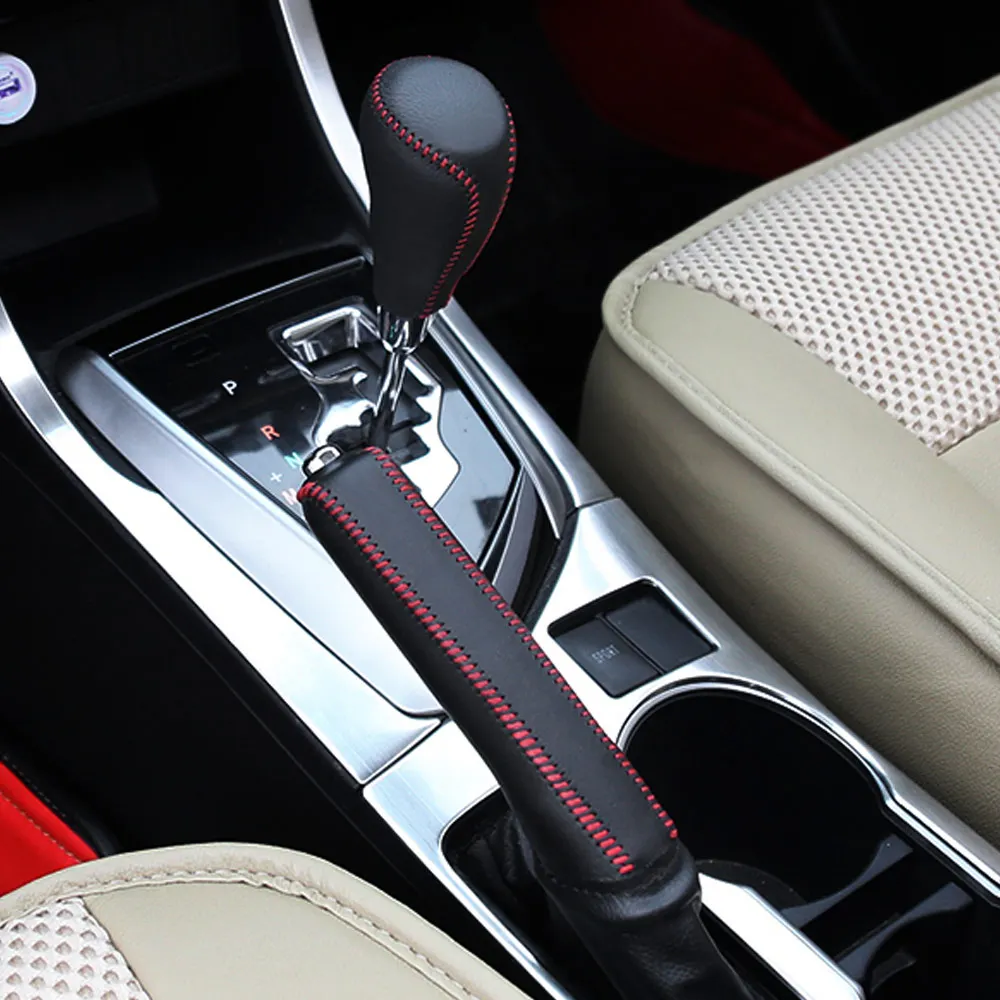 

Genuine Leather Covers For Toyota Corolla RAV4 2014-2019 Accessories Car handbrake Gear Head Shift Knob Cover Gear Shift Cover