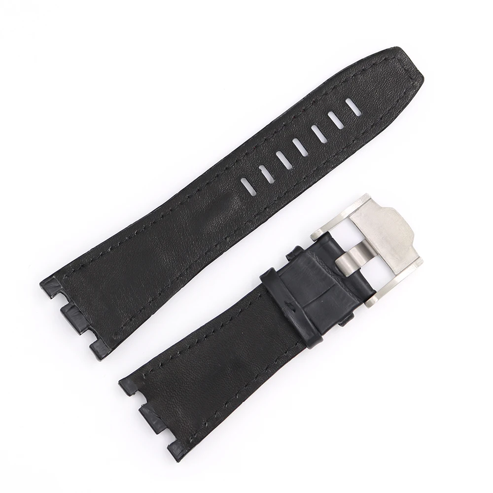 CARLYWET 28mm Black Real Leather Handmade Thick Wrist Watch Band Strap Belt For Oak Offshore 42mm