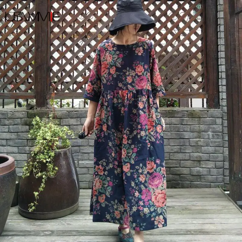 

USWMIE 2020 Autumn Dress Women New Literary Flower Pockets Half Sleeves O-neck Vintage Dress Long Section Vestidos