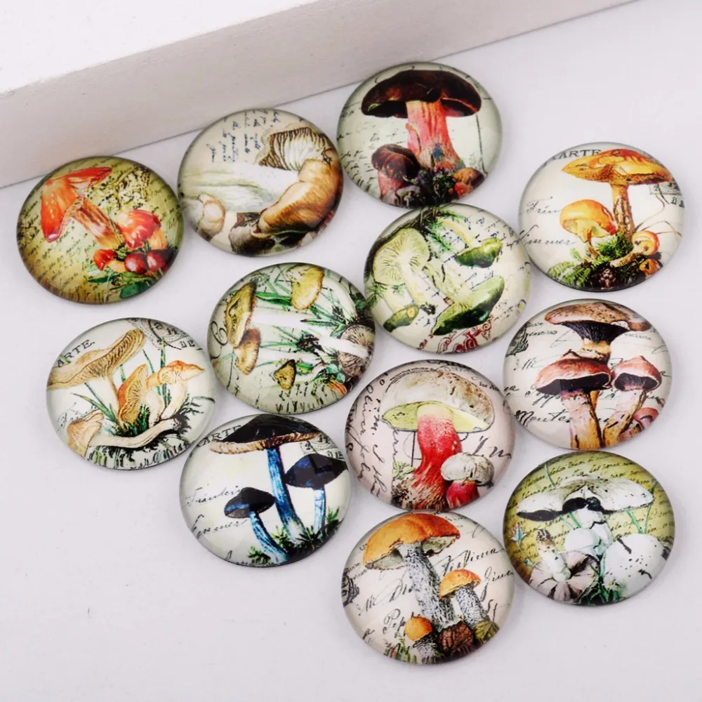 

reidgaller Mixed Round Dome Flatback Mushroom Photo Glass Cabochon 25mm 20mm 18mm 14mm 12mm 10mm for earrings necklace