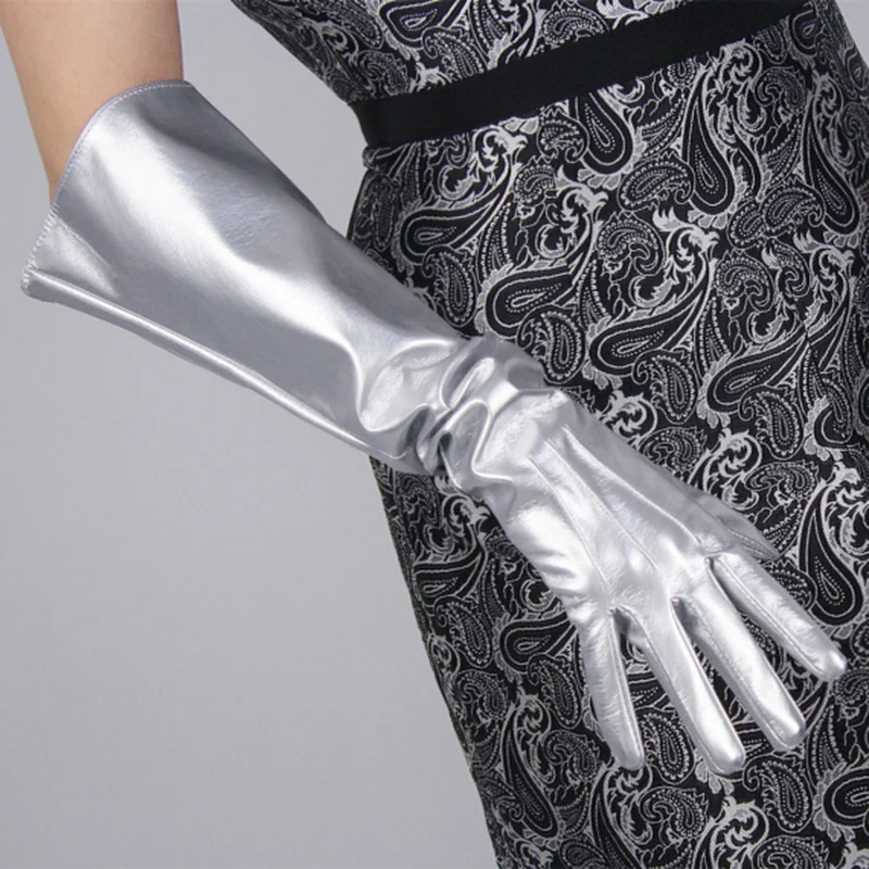 Fashion Hot Female Long Section Gloves Wide Cuff Simulation Leather Three Bars White Black 50cm Unisex T78 | Аксессуары для одежды