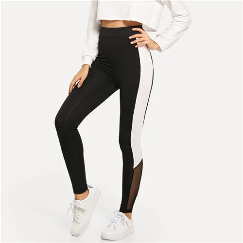 Черный SweatyRocks, спортивные Леггинсы с широким поясом, с цветными блоками, для тренировок, с высокой талией, эластичные,, Осенние, для фитнеса, женские брюки и штаны - Цвет: Черный