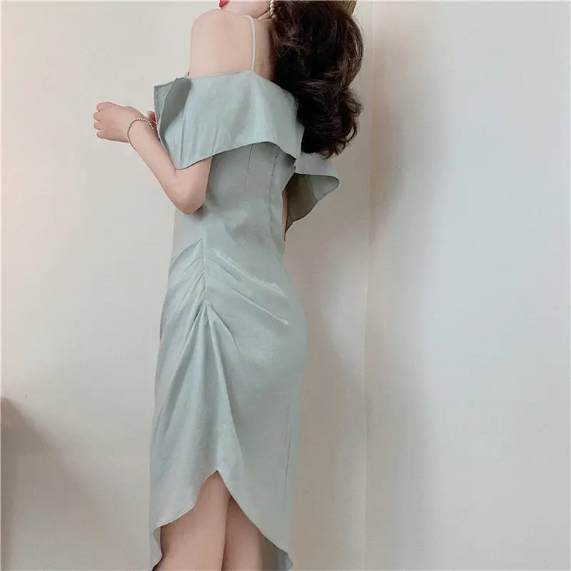 

Summer New Retro Chic Ruffle Slim Dress Ladies Sexy Strapless Satin Irregular Strap Dress For Party Off Shoulder Robe Mini f1184