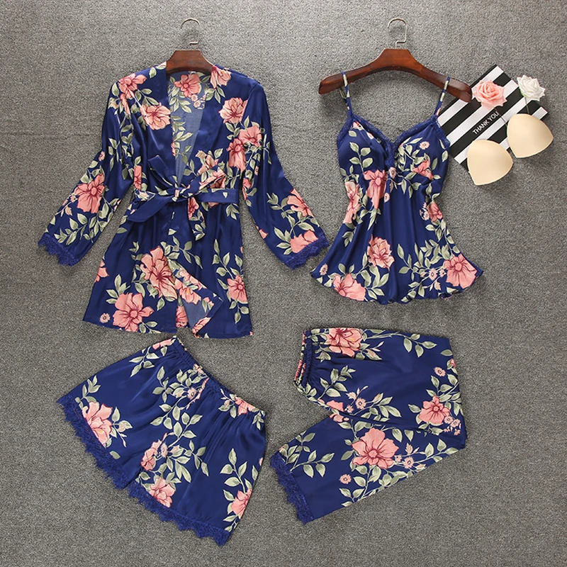 4 предмета женский сексуальный Шелковый Атласный пижамный комплект цветочный