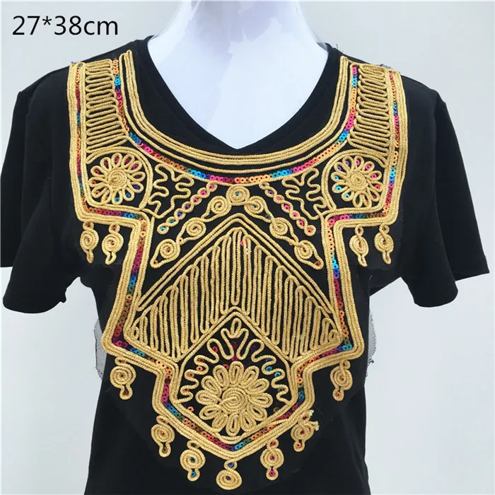 GoldNeckline0037 1 шт. золотая вышивка в этническом стиле воротник Венеция с блестками Цветочная вышивка аппликация кружевной вырез воротник аксессуары для одежды - Цвет: GoldNeckline0037