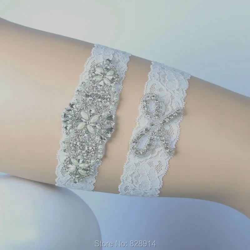 

Crystal Rhienstones Applique Lace Wedding Garter Set Brida Leg Garter Belt Set Handmade LW1001