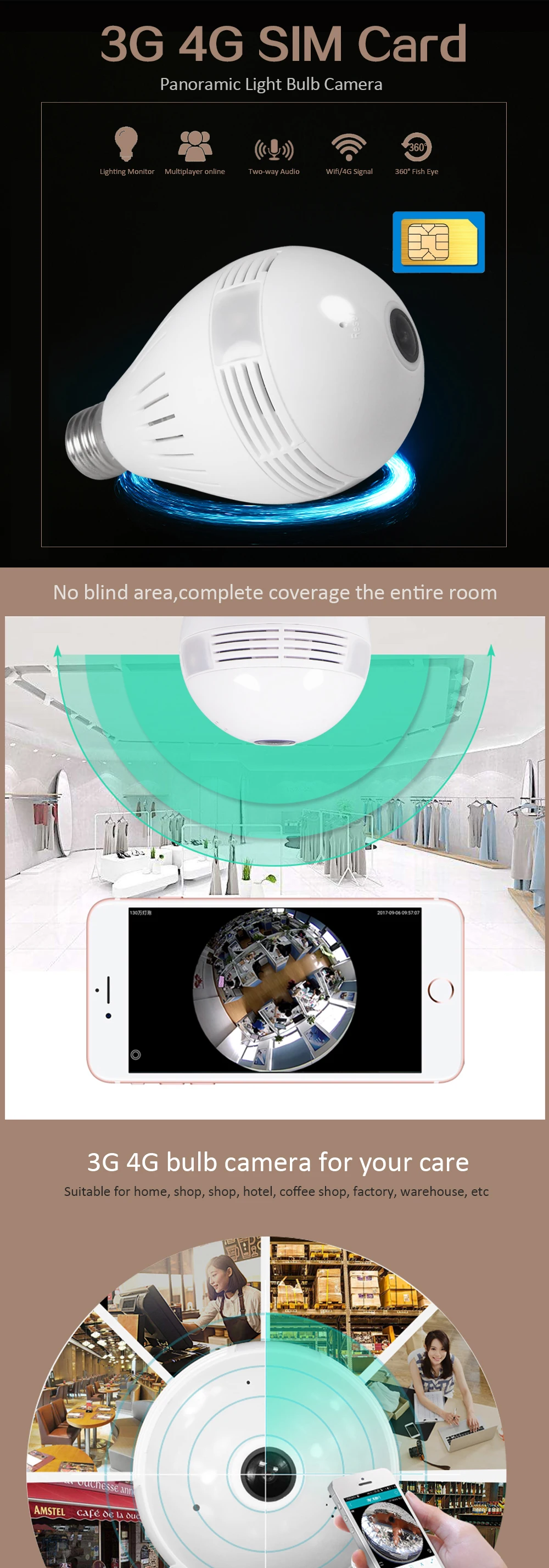 3g 4G sim-карта 1080P HD Беспроводная купольная ip-камера лампа Wi-Fi 360 градусов рыбий глаз VR аудио домашний CCTV светильник безопасности модуль камеры