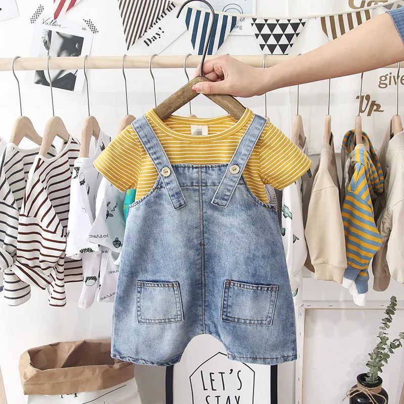 Jeans overalls stripe shirt boy summer clothing set new fashion baby outfits | Детская одежда и обувь