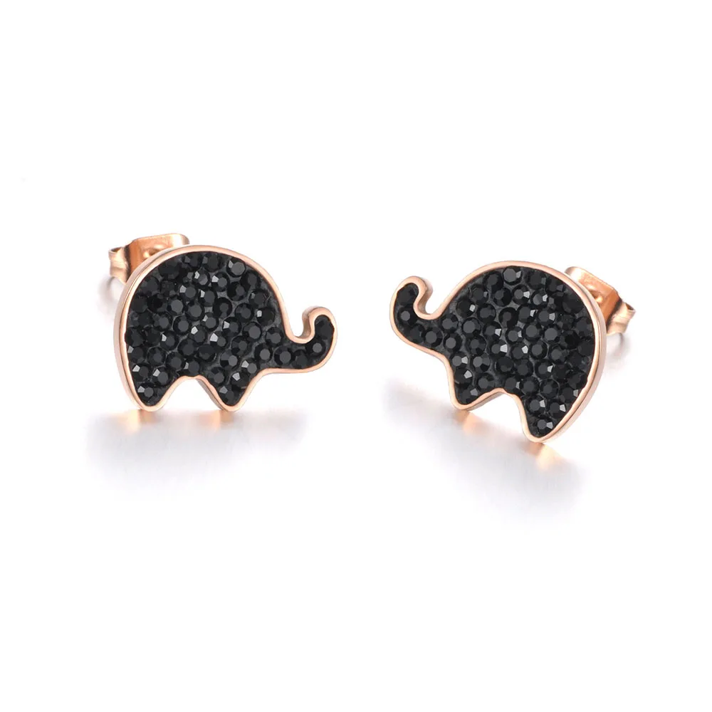 JeeMango Trendy Rose Gold Black Clay Shiny Crystal Elephant Stud Earrings For Women Anniversary Girl's Jewelry JE19099 | Украшения и