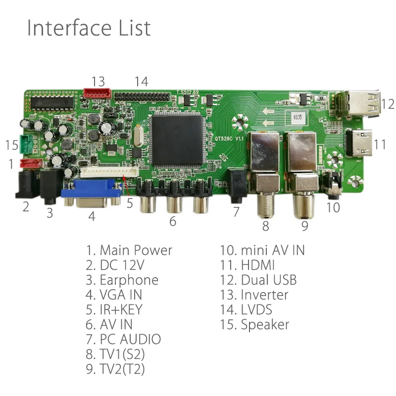 QT526C V1.1 цифровой сигнал DVB-S2/T2/C ЖК ATV драйвер платы Dual USB русский T. S512.69+ 7Key+ 2ch 6bit lvds кабель+ CCFL инвертор