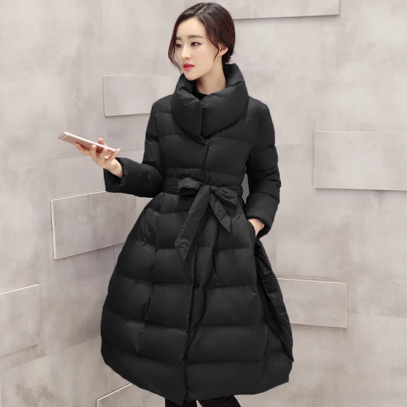 New Korean Fashion A-line Women Winter Coat Warm Cotton Padded Parka Elegant Jacket with Belt Big size Overcoat A991 | Женская одежда