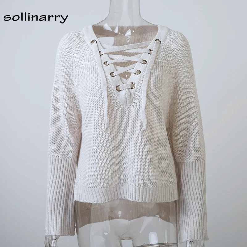 Sollinarry High Street Long Sleeve White Women Sweater Pullover Lace Up Sexy V NeckSolid Knit Winter | Женская одежда