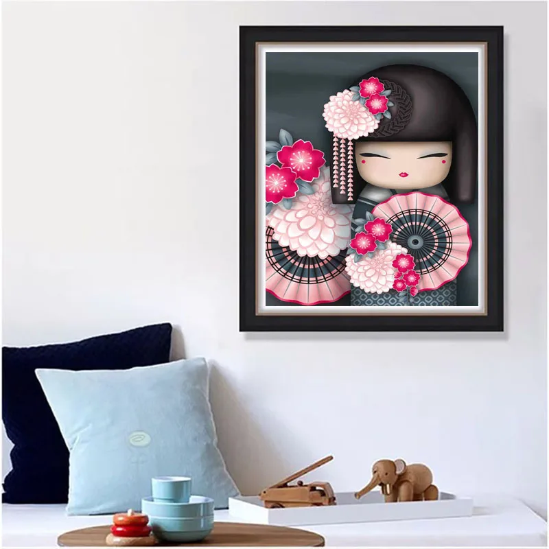 Девушка галька круглые Алмазные цветы 5d DIY Алмазная картина японская девушка