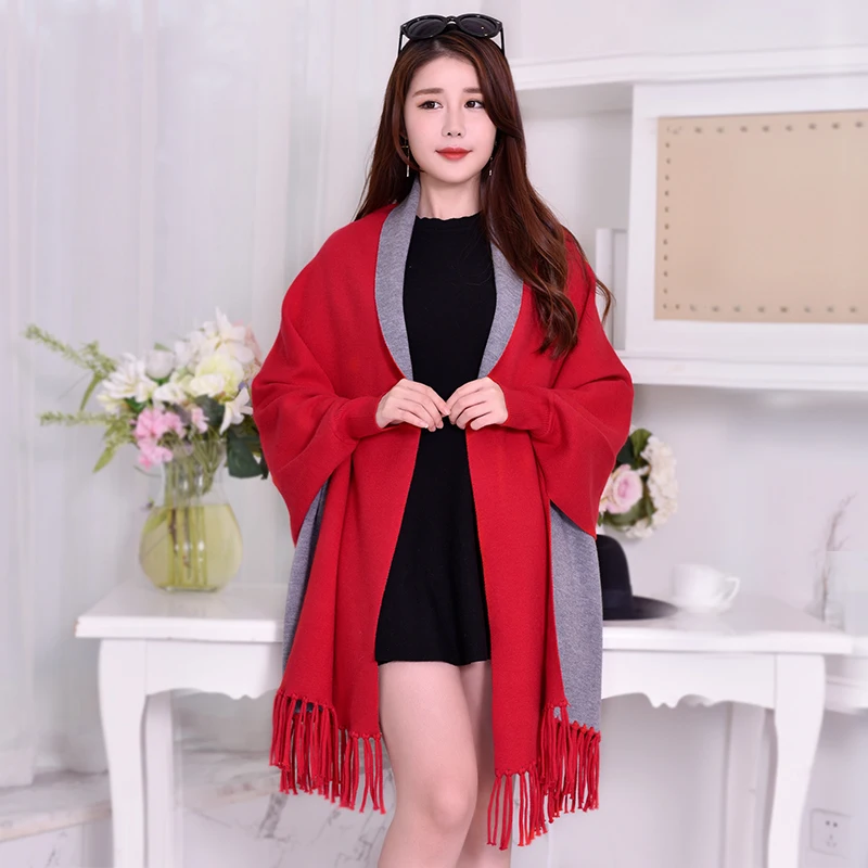 

Women Red Shawl Capes 2021 Wearable Shawls and Wraps for Ladies Winter Warm Scarf Thick Pashmina Reversible Shawl Winter Poncho