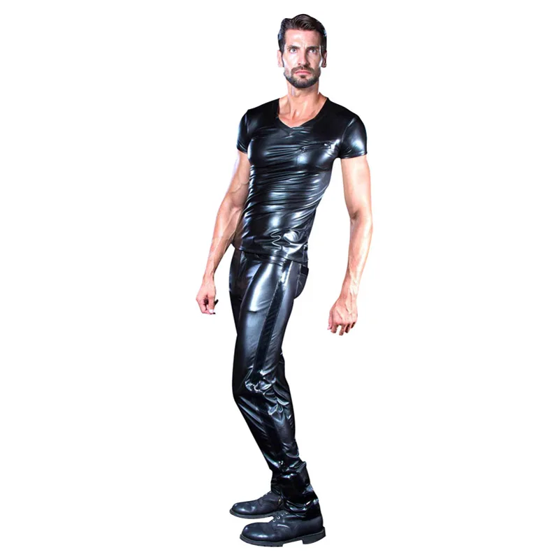 Мужские глянцевые обтягивающие брюки Wetlook из искусственной кожи паровозик