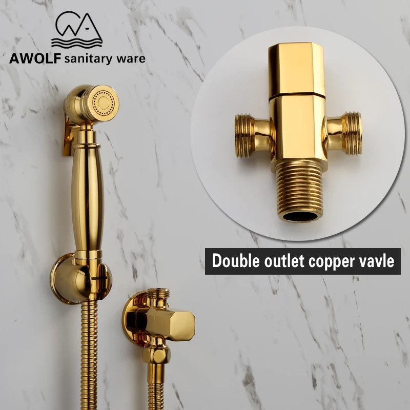 Hand Held Bidet Sprayer Gold Brass Douche Toilet Kit Hand Held Toilet Shattaf Shower Head Copper Valve Set Faucet AP2107
