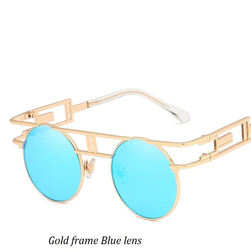 Gold - Blue Готический стимпанк Круглый Винтаж солнцезащитные очки Для мужчин Для женщин унисекс зеркальные металлические солнцезащитные очки HD Ретро увеличенные солнцезащитные очки, солнцезащитные очки для женщин, UV400 - Цвет линз: Gold - Blue