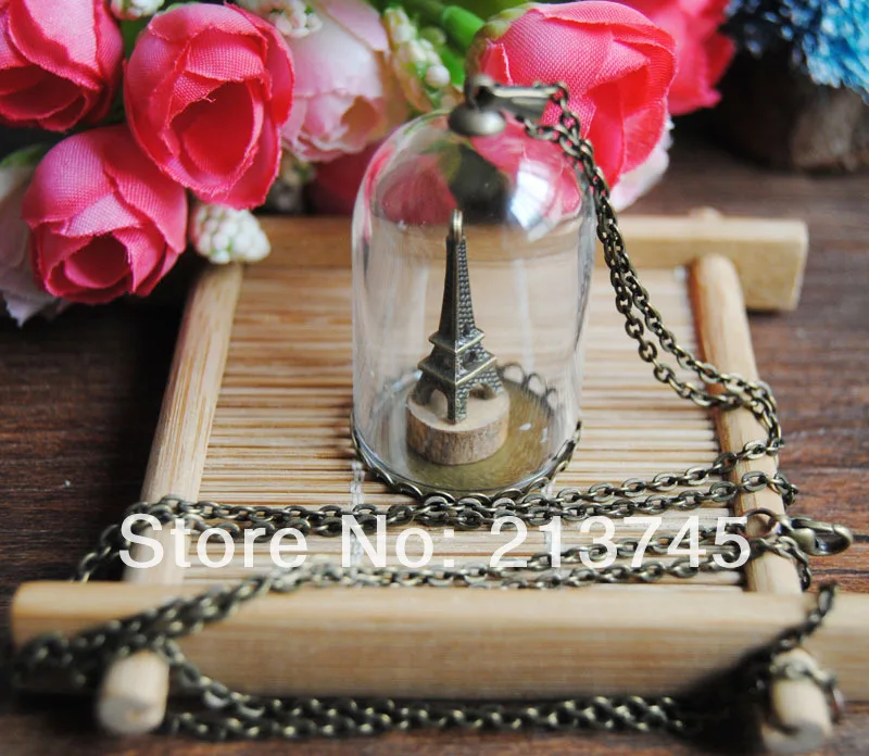 

Freeshipping cylindrical 38*25mm Glass bubble & bronze lace base blank &6mm cap&70cm necklace Set DIY glass bottle vial pendant