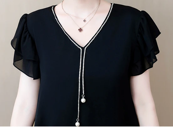 L-5xl Plus Size Elegant Beading Chiffon Dress Women Summer Fashion Short Butterfly Sleeve V-neck Tunic A-line Dresses Robe Femme | Женская