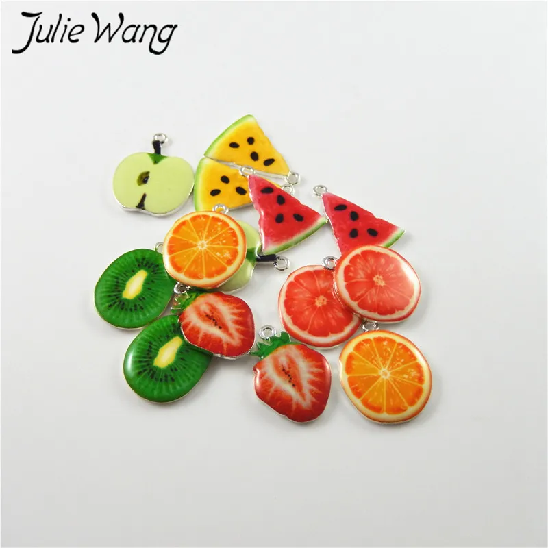 Julie Wang 10pcs Green Apple Kiwi Orange Strawberry Cute Fruit Shape Enamel Alloy Little Charms Women Jewelry Findings Hot Sale