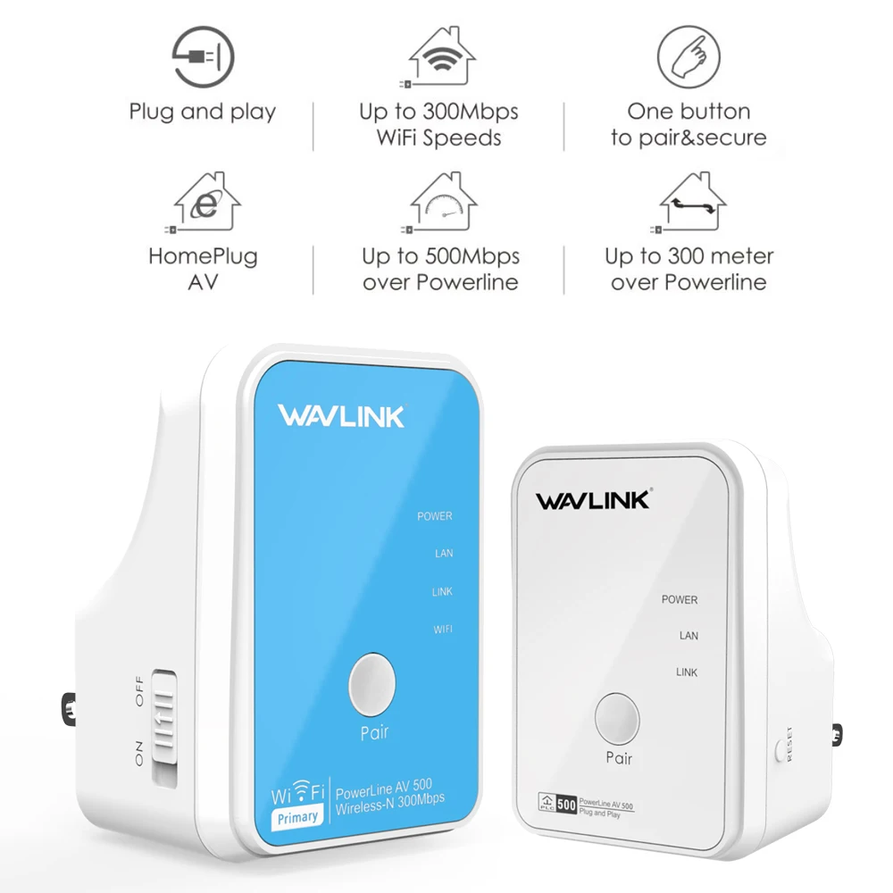 Wavlink 1 пара AV500 Powerline Ethernet адаптер сетевой комплект беспроводной-N 300 Мбит/с wifi удлинитель Homeplug AV Plug and play IPTV EU/US