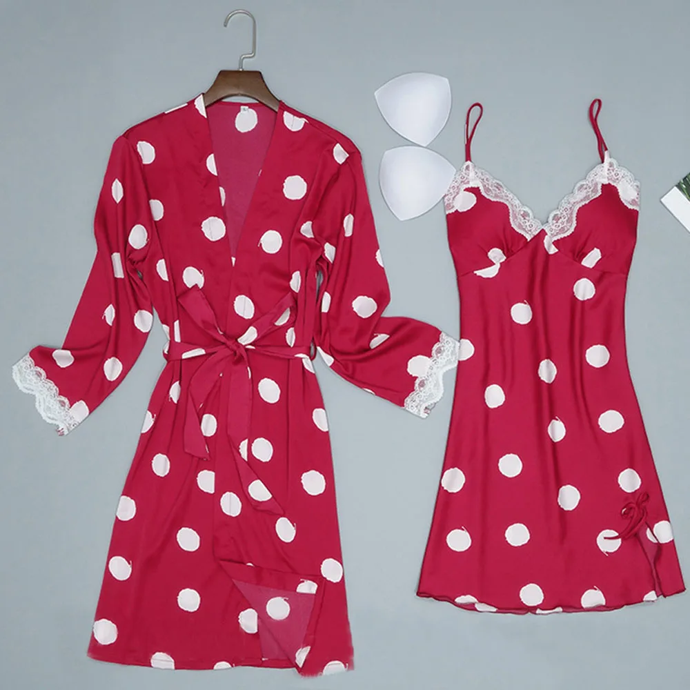 Dress Set Red Женское атласное шелковое вечернее платье, кимоно, банный халат, комплект для отдыха, сексуальное ночное белье в горошек, женское белье для подружки невесты, ночная рубашка, пижамы - Цвет: Dress Set Red