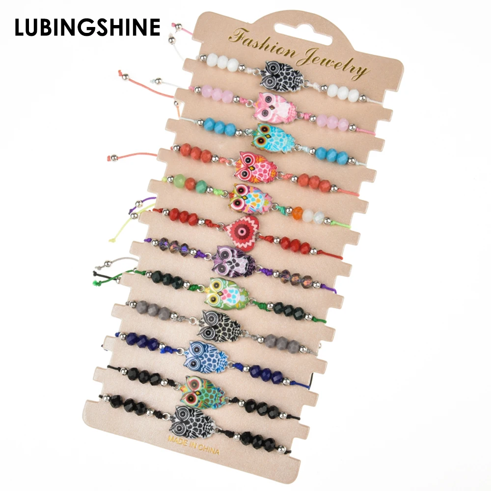 Женский плетеный браслет ручной работы 12 шт./лот с эмалью Сова единорог подвески