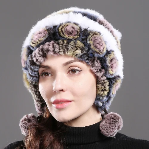colorful 1 Новые женские цветы настоящий мех кролика шапки вязаные в полоску из натурального кролика рекс меховая шапка зимняя теплая Женская Настоящий мех кролика шапка - Цвет: colorful 1