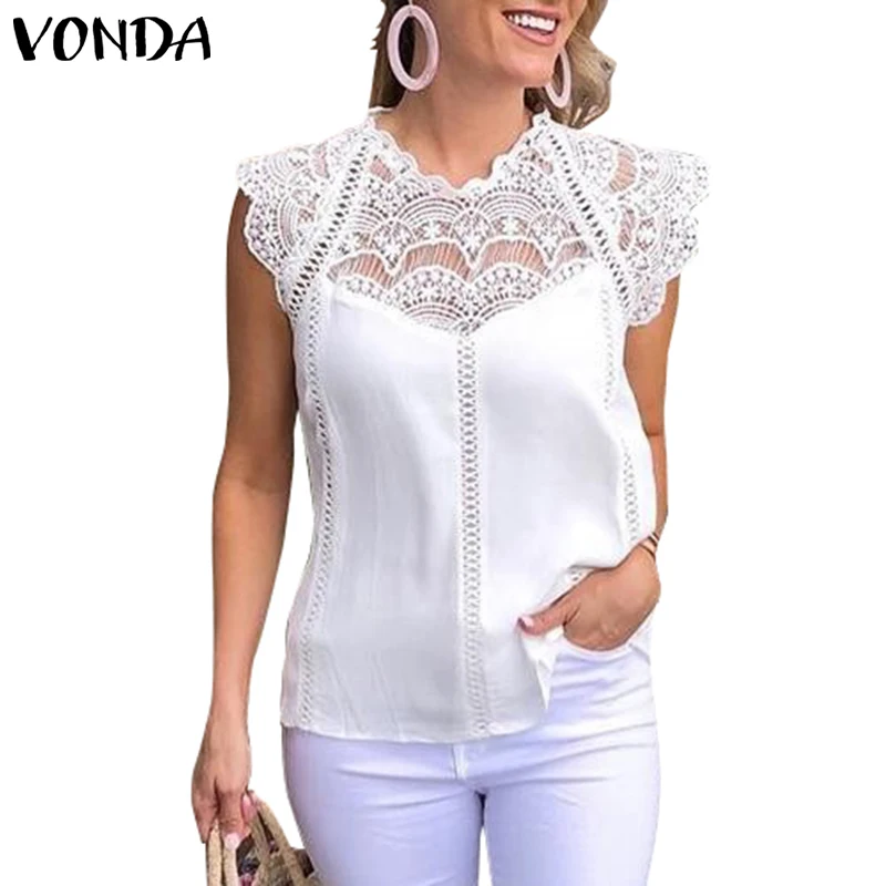 VONDA, сексуальная женская летняя блузка без рукавов, кружевная рубашка, Офисная Женская рубашка, открытые вечерние топы, Белые блузы размера плюс - Цвет: White