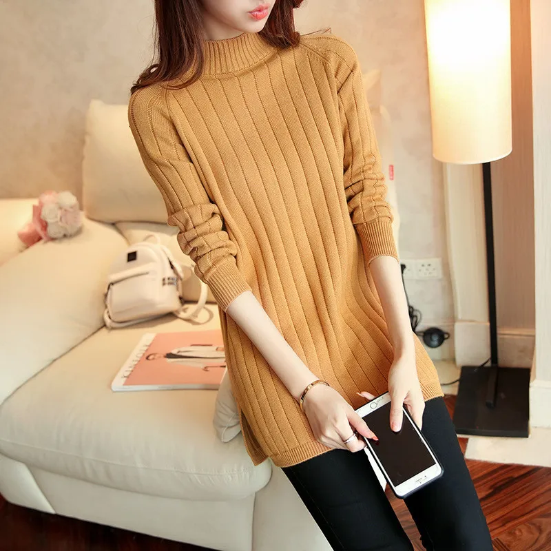 Свитер женский осенне-зимний вязаный с невысоким воротником и длинным рукавом