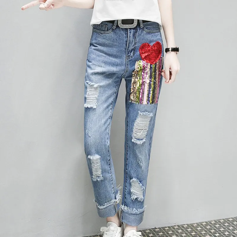 Женские джинсы Лидер продаж модные прямые женские длинные рваные брюки-султанки
