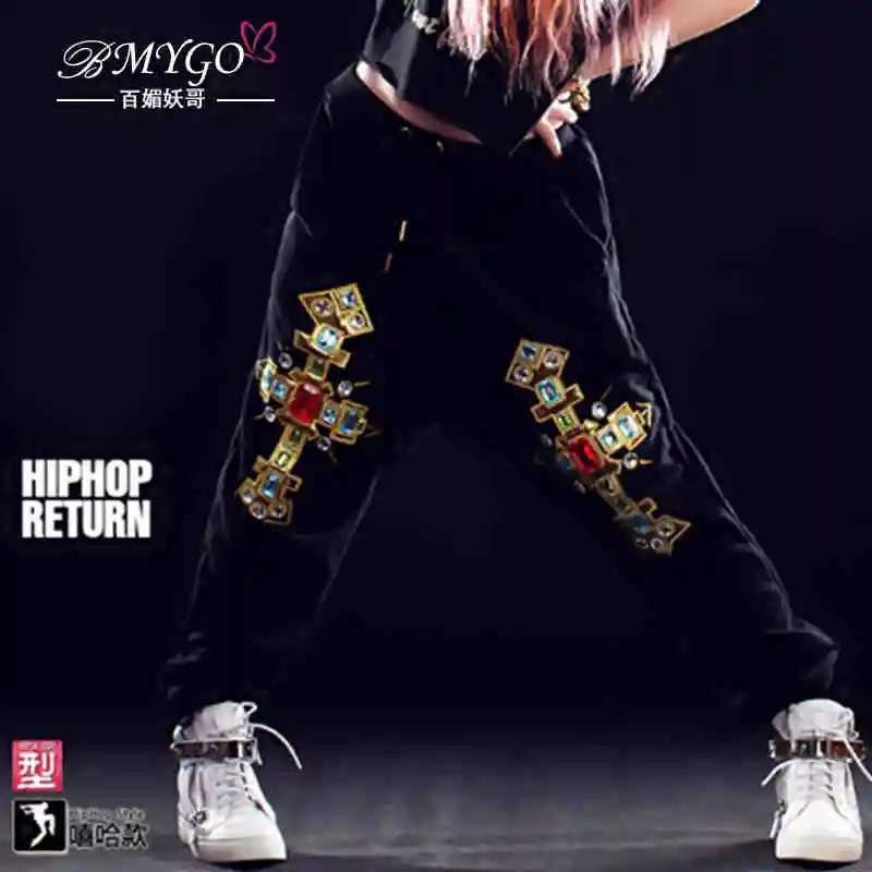 2017 Женщин Штаны Костюм Носить Крест Печати Дрель Брюки Черный Цвет Hip hop Гарем