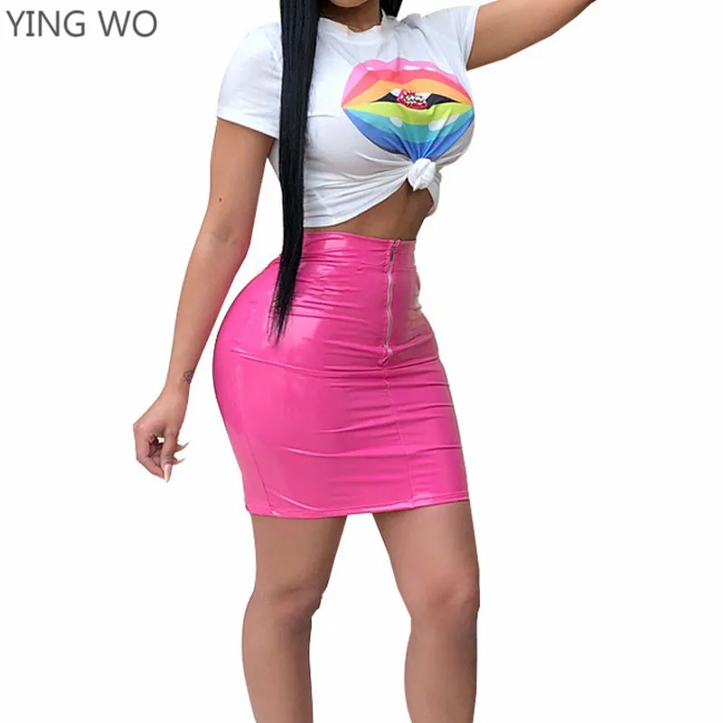 Lips Pattern Printed White Crop Tees Top Blue/Yellow/Red/Fuchsia Front Zipper PU Leather Package Hips Mini Skirts Suits Online | Женская