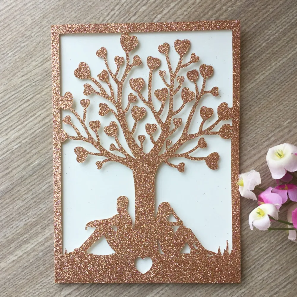 

50pcs Rose Gold color Glitter paper Laser Cut Tree Wedding Invitations Paper Card for Party Supplies Birthday casamento Cards