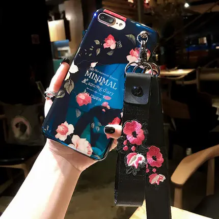 Синий В стиле ретро с цветами для iphone X case для iphone 8/7 plus 6 6 S plus Мягкий Задняя накладка чехла из ТПУ с украшением в виде вишенок, с ремешком - Цвет: Синий