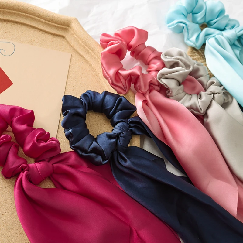 Sale Ribbon Vintage Women Satin Hair Scarf Bowknot Streamers Scrunchies Ponytail Holder Headband Elastic Hair Ties for Girls