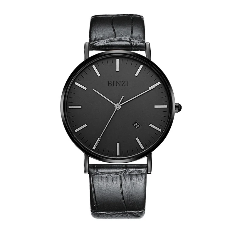 leather black Мужские часы Топ бренд Роскошные наручные часы Мужские часы ультра тонкие минималистичные кварцевые часы для мужчин s водонепроницаемые - Цвет: leather black