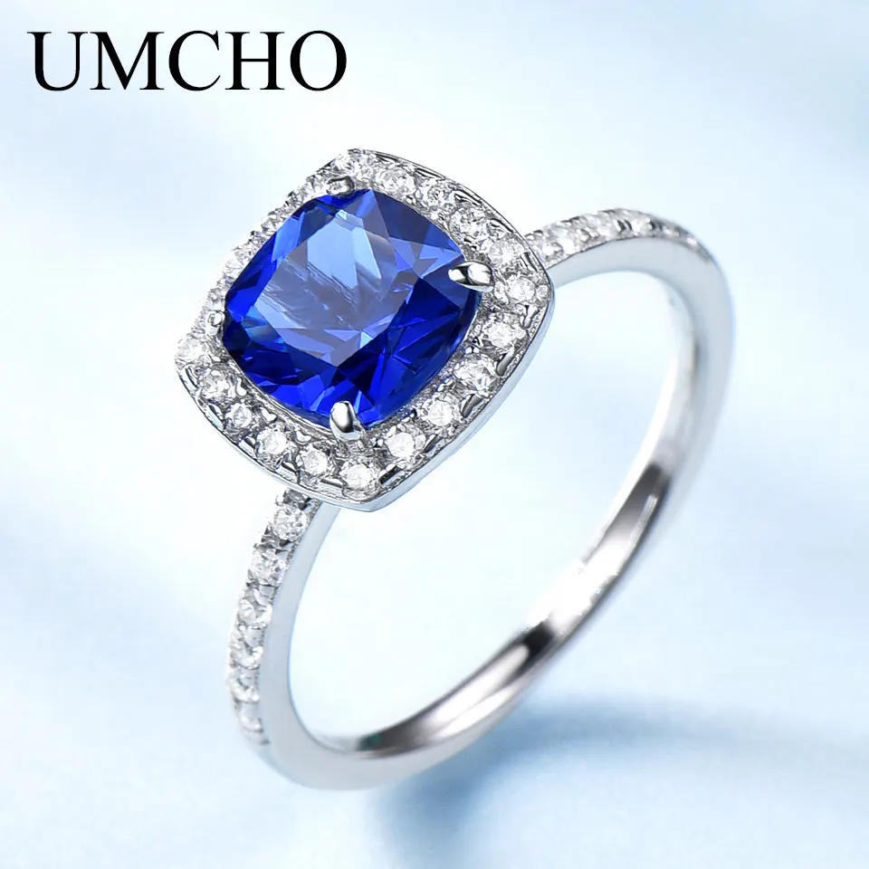 

UMCHO Created Round Sapphire Birthstone Rings Real 925 Sterling Silver Jewelry For Women September Birthday Gift Fine Jewelry