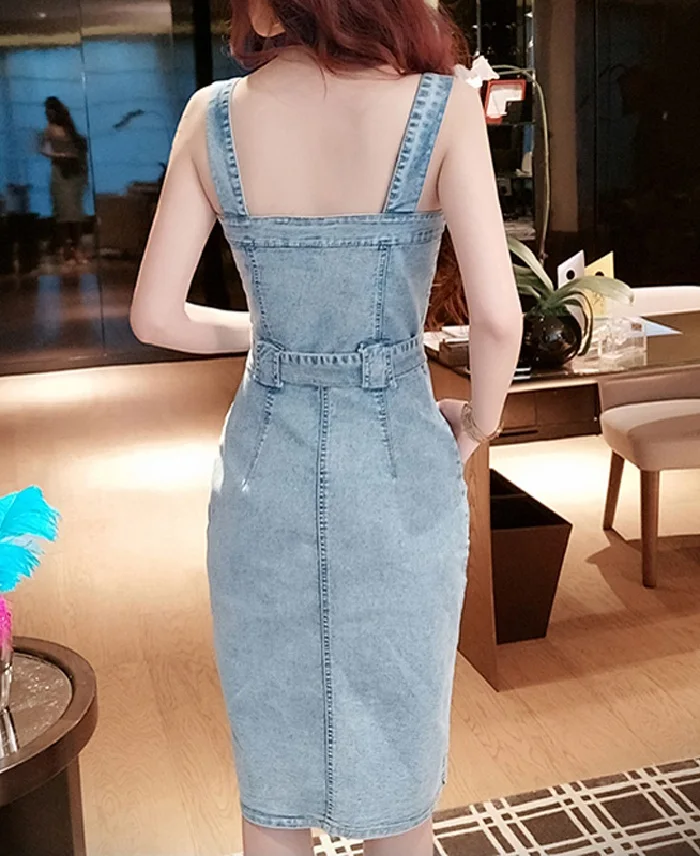 L&ampY Single Breasted Jeans Dress Women Vestidos Vintage Fashion Square Neck Pocket Bow Sexy Slit Slim Ladies Denim Summer | Женская