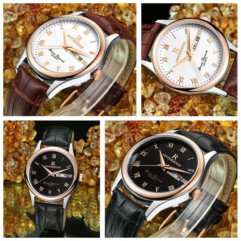 Мужские кварцевые часы RONTHEEDGE модные деловые с кожаным ремешком подарочной
