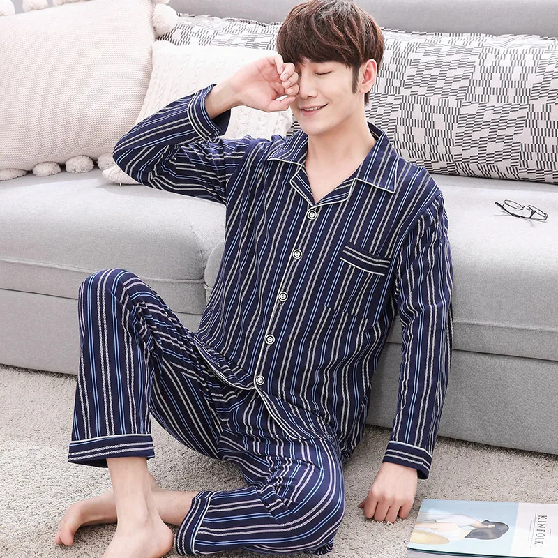 Новые пижамы мужские хлопковые с длинным рукавом лацканы костюм осень мода