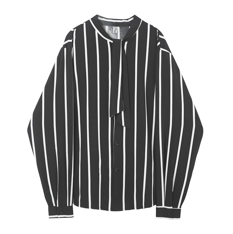 

2019M-XXL!!Spring black and white striped loose thin long-sleeved shirt tide brand men's bow tie decorative shirt.