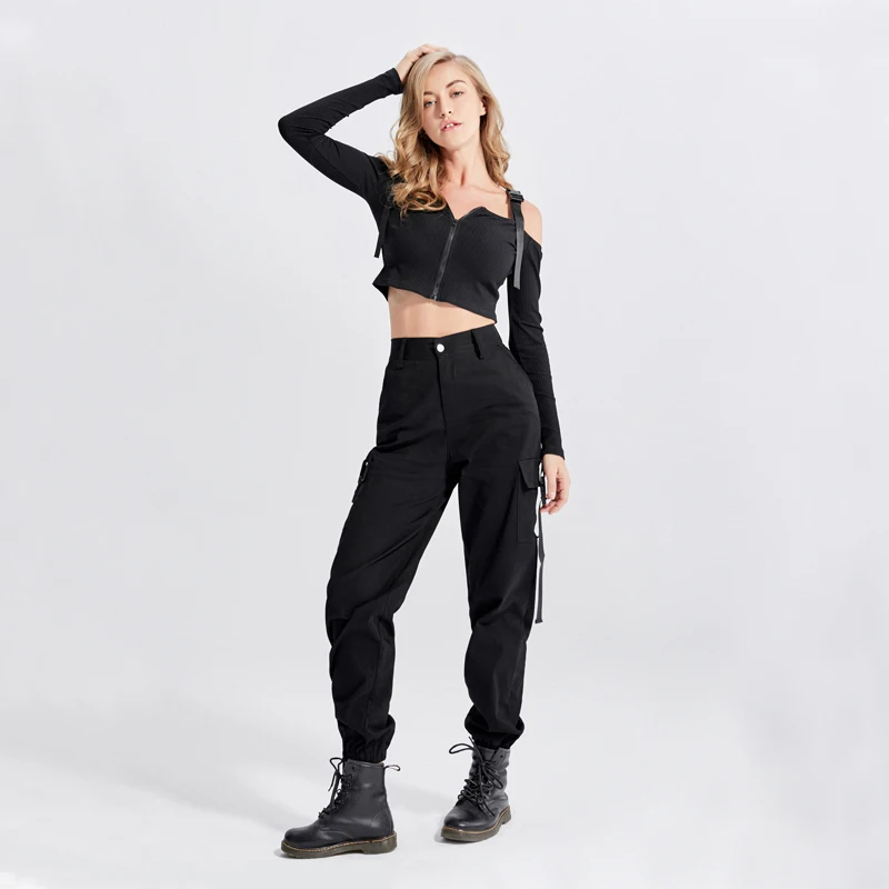 Женские брюки карго WKOUD повседневные черные свободные Капри с высокой талией и