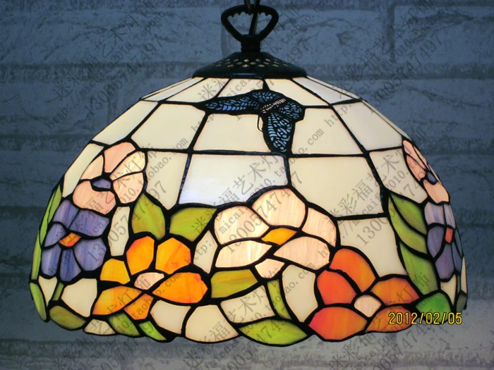 

16 Inch Flesh Country Flowers butterfly Tiffany pendant light Stained Glass Lamp for Bedroom E27 110-240V