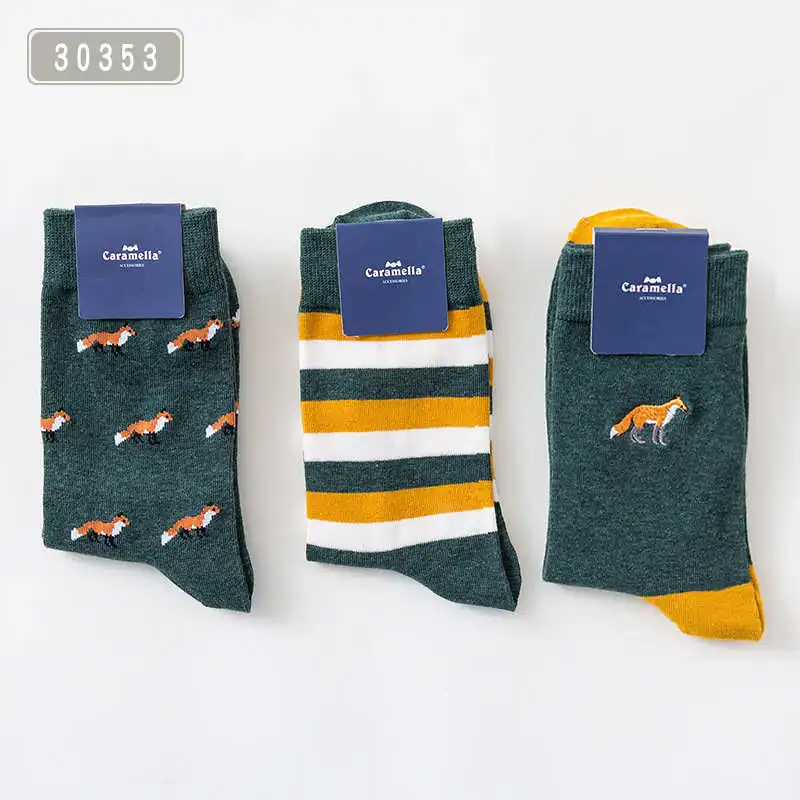 3035311001 3 Pairs/Lot Caramella Men's Socks Cotton Crew Socks Mid-Calf Length Jacquard Embroidery Animal Pattern - Цвет: 3035311001